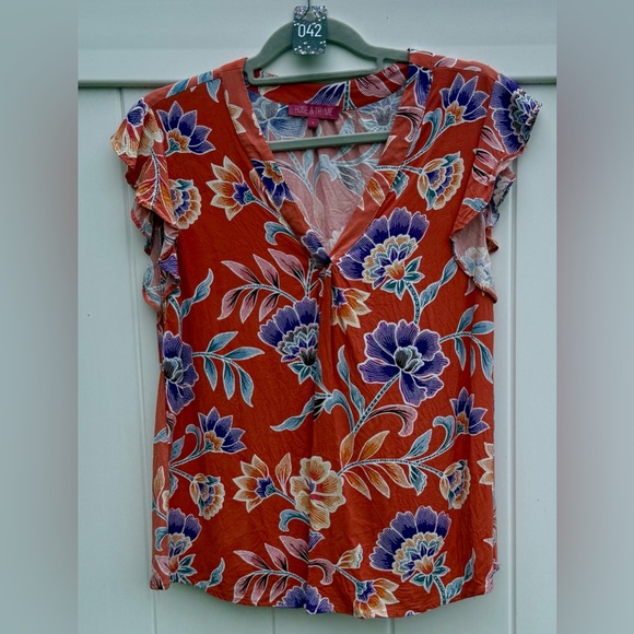 Rose & Thyme V-Neck Short Flutter Sleeve Peach Floral Top, Size Large, NWOT Boho - Picture 4 of 5